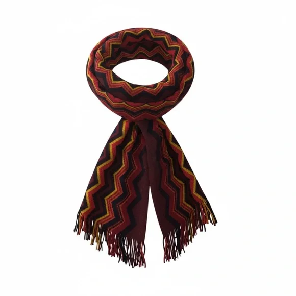 V. FRAAS 100% Cashmere Scarf Wrap Zig Zag Chevron Burgundy Red Yellow Fringe
